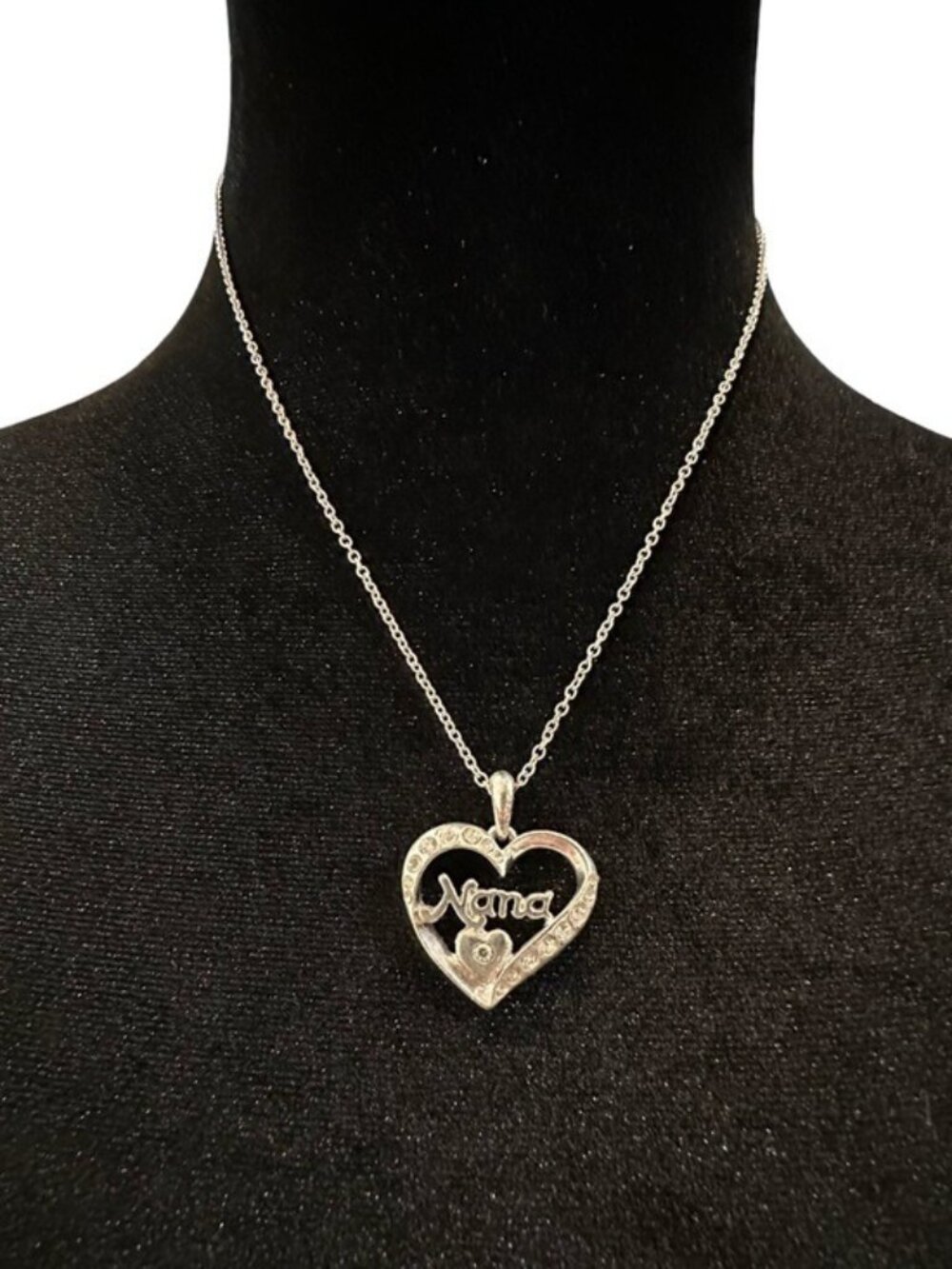 Heart-Shaped "Nana" Silver-Tone Necklace With Rhinestone Accents And 18-20 Inch